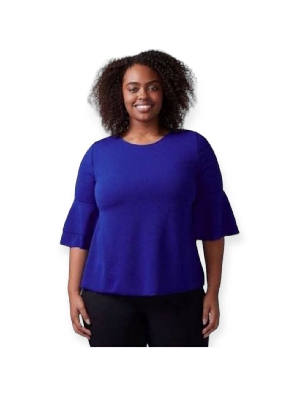 Lane Bryant Double Ruffle 3/4 Sleeve Top Blouse Size 26/28 Navy Blue